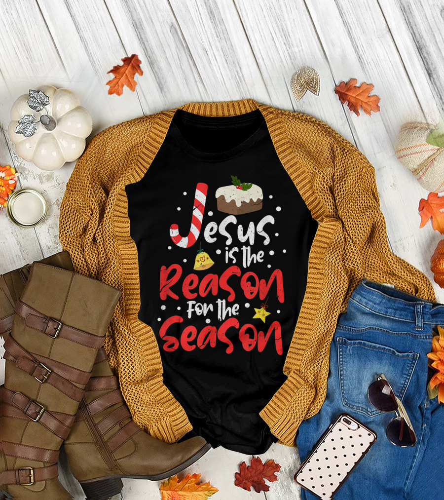 Jesus Is The Reason For The Season Christian Candy Cane Christmas Pudding Decorated Text T-Shirt