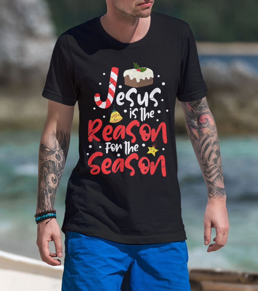 Jesus Is The Reason For The Season Christian Candy Cane Christmas Pudding Decorated Text T-Shirt