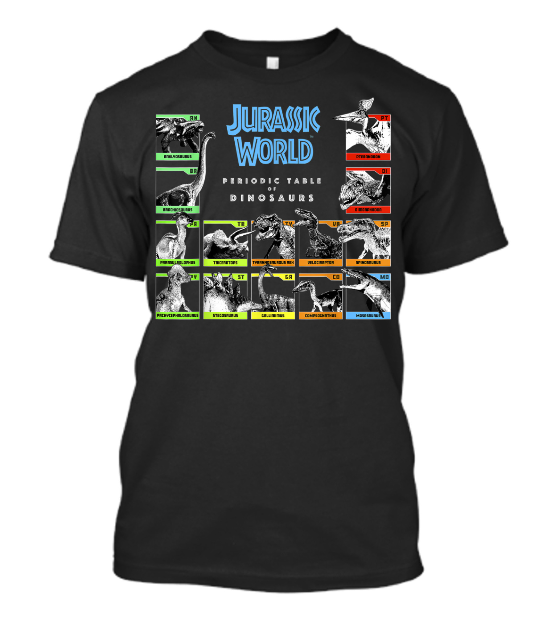 Jurassic World Periodic Table Of Dinosaurs Brachiosaurus Tyrannosaurus Velociraptor Spinosaurus Pteranodon Mosasaurus T-Shirt