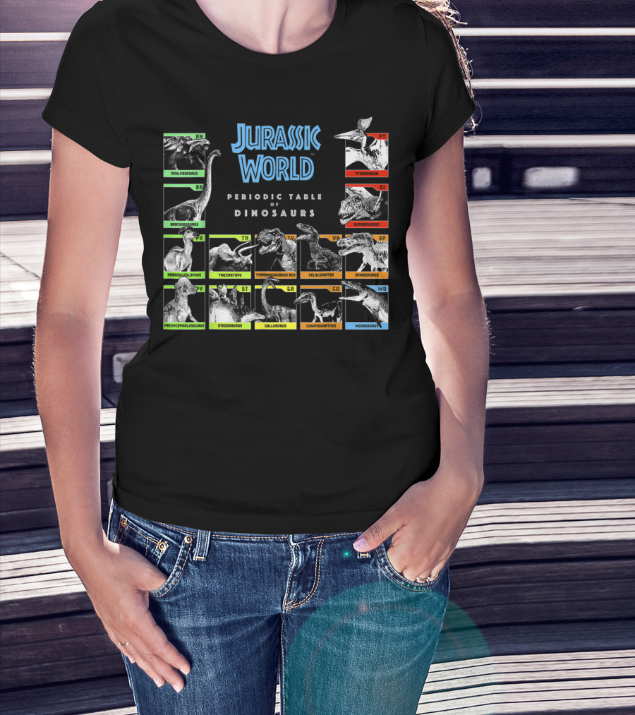 Jurassic World Periodic Table Of Dinosaurs Brachiosaurus Tyrannosaurus Velociraptor Spinosaurus Pteranodon Mosasaurus T-Shirt