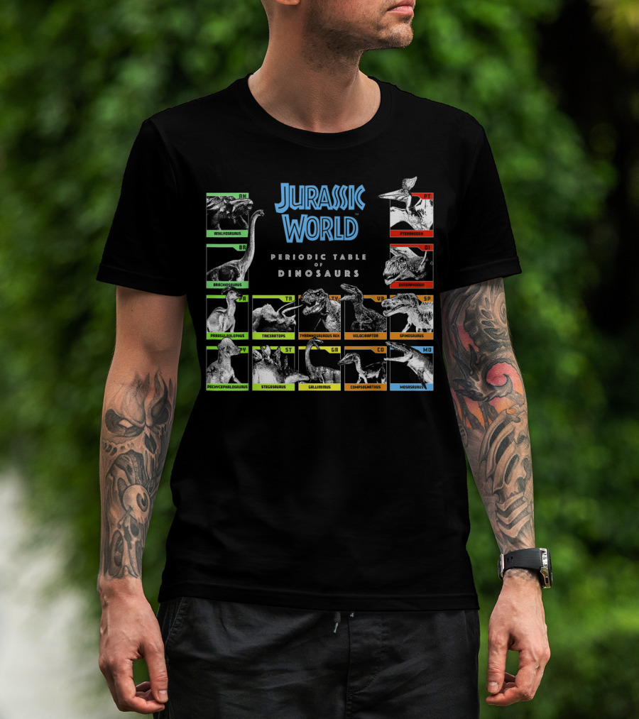 Jurassic World Periodic Table Of Dinosaurs Brachiosaurus Tyrannosaurus Velociraptor Spinosaurus Pteranodon Mosasaurus T-Shirt