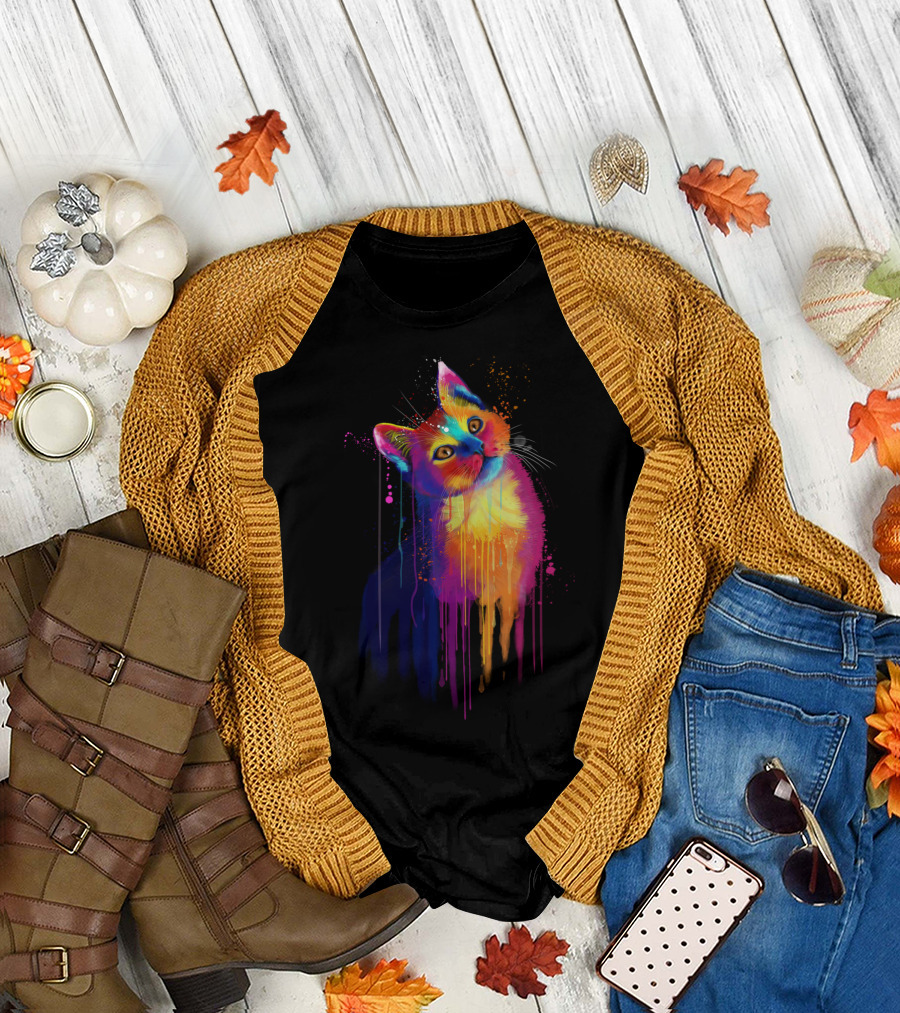 Beautiful Curious Cat Vibrant Watercolor T-Shirt