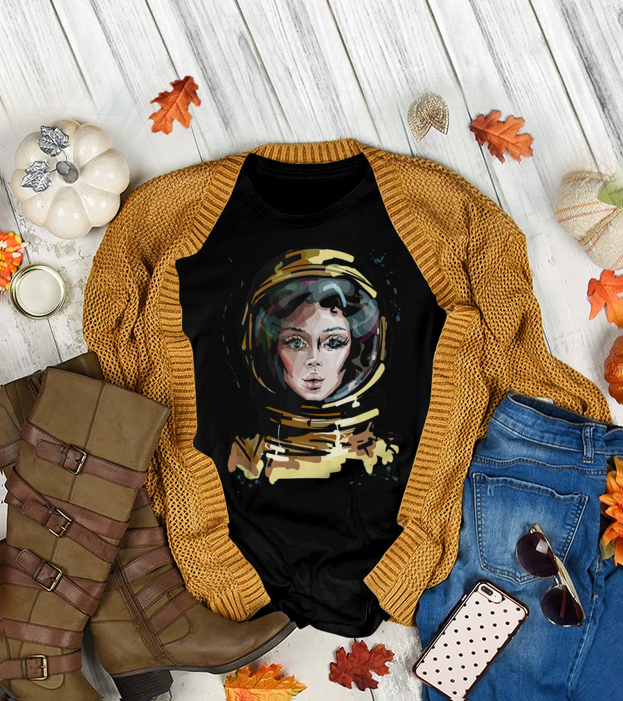 Female Astronaut Portrait in Space for Lovers of Outer Exploration T-Shirt