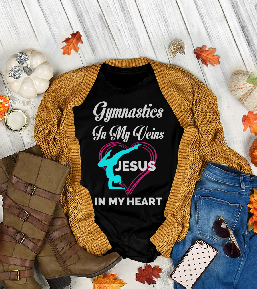 Gymnastics In My Veins Jesus In My Heart Silhouette in Heart T-Shirt