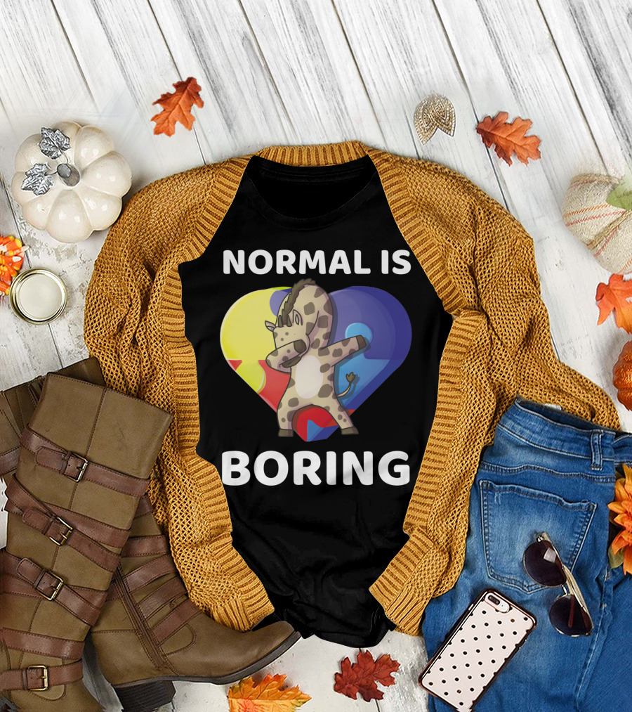 Normal Is Boring Autism Awareness Giraffe Dancing in Heart Puzzle T-Shirt
