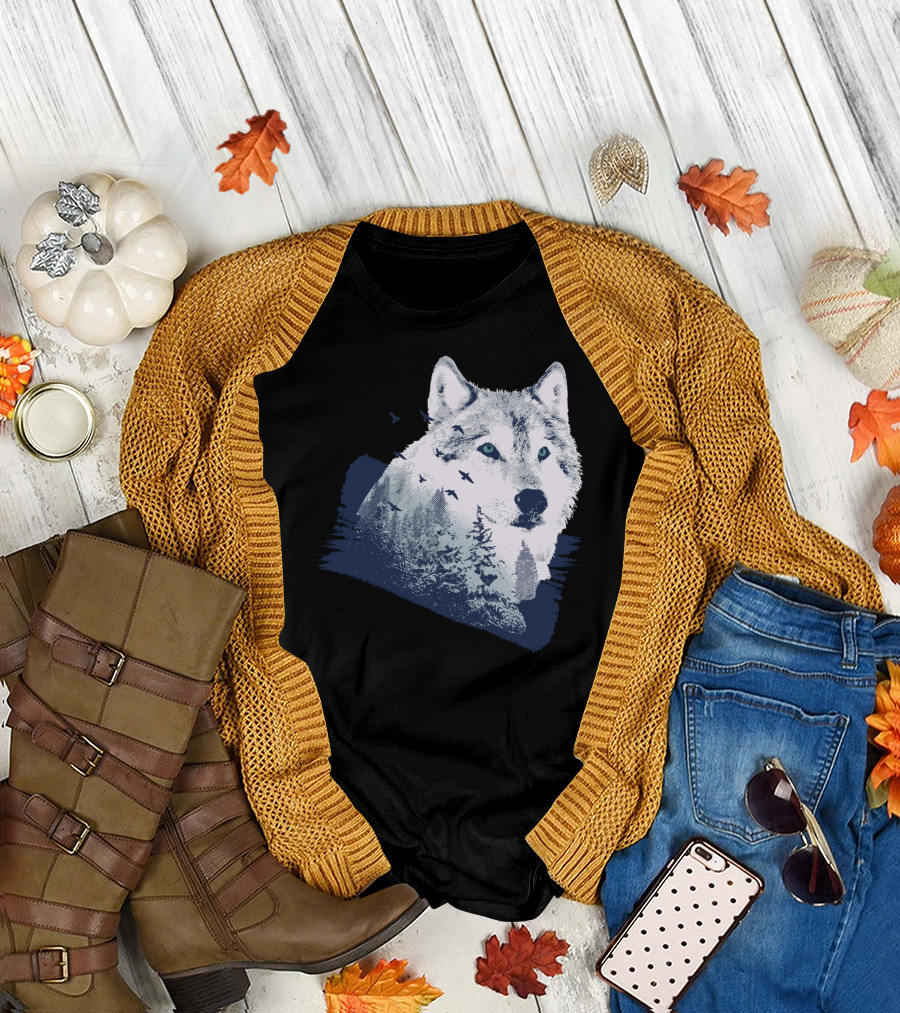 Lone Wolf with Snowy Mountains and Flying Birds T-Shirt