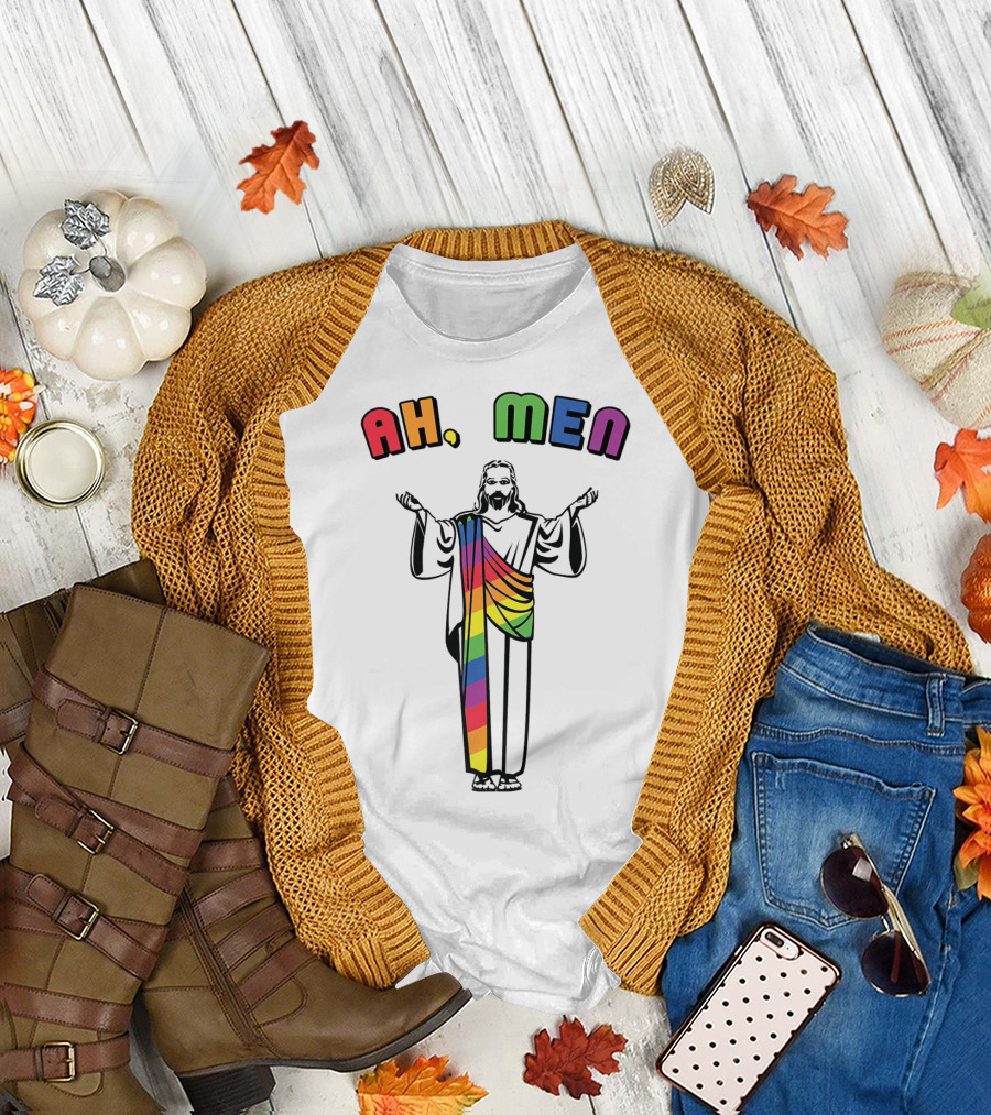 Ah Men Funny Gay Jesus Rainbow Pride T-Shirt