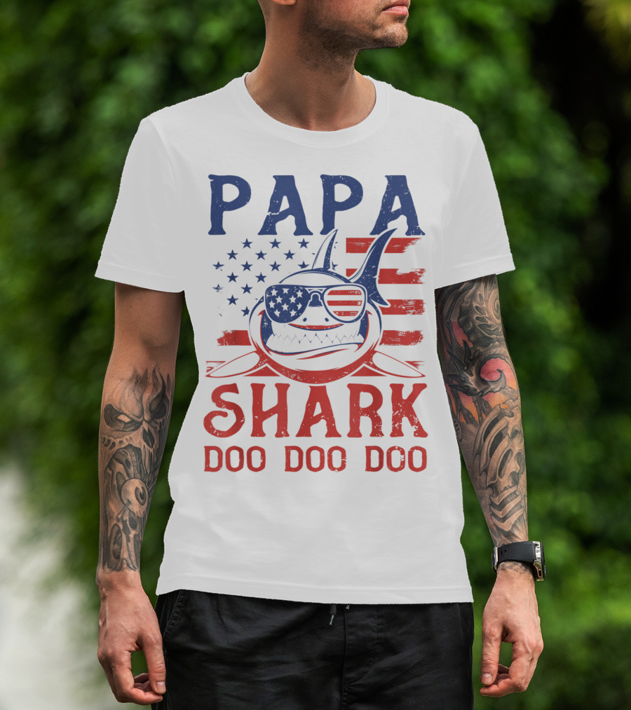 Papa Shark Doo Doo Doo American Flag Sunglasses T-Shirt
