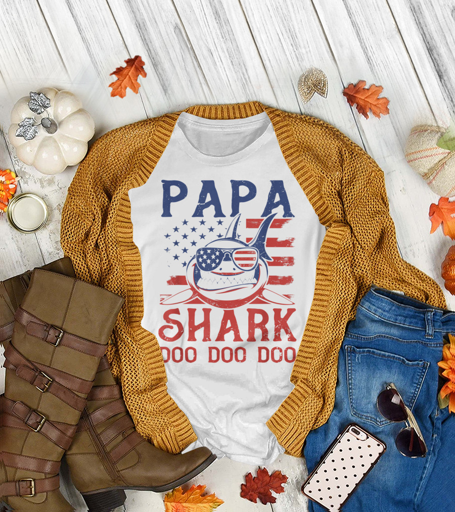 Papa Shark Doo Doo Doo American Flag Sunglasses T-Shirt