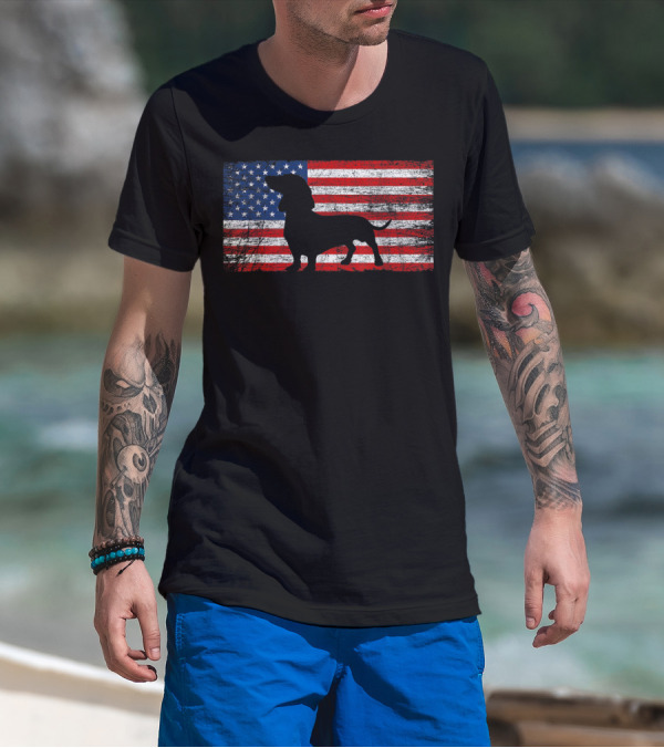 Dachshund Silhouette American Flag Dog Lover 4th Of July T-Shirt