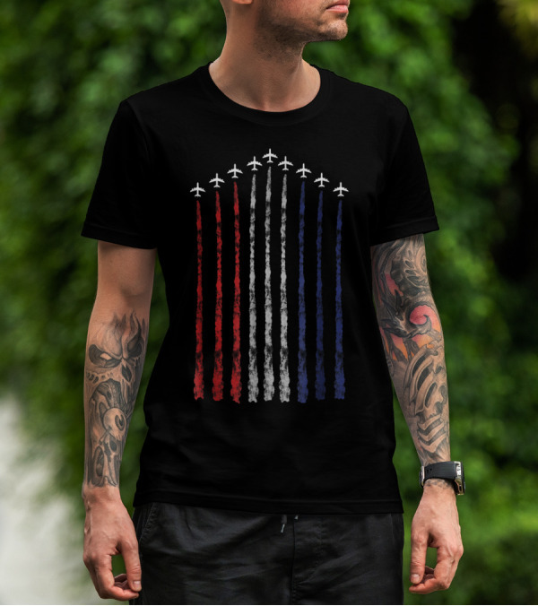 American Flag Fighter Jets Contrails USA Red White Blue T-Shirt