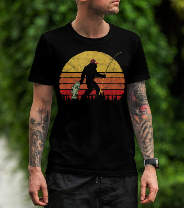 Bigfoot Bass Fishing Legend In Trucker Hat With Sunset T-Shirt
