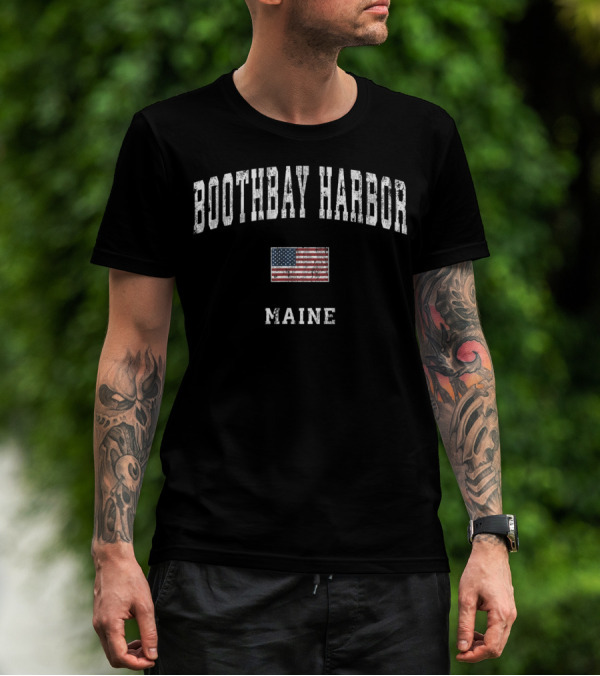 Boothbay Harbor Maine Vintage American Flag T-Shirt