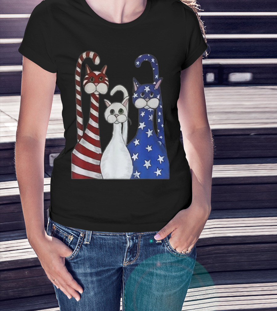 Cat American Flag USA Paws Patriotic Red White Blue Stars Stripes T-Shirt