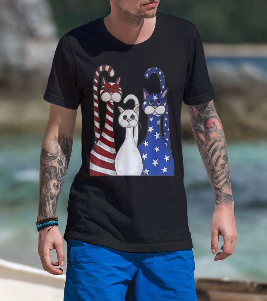 Cat American Flag USA Paws Patriotic Red White Blue Stars Stripes T-Shirt