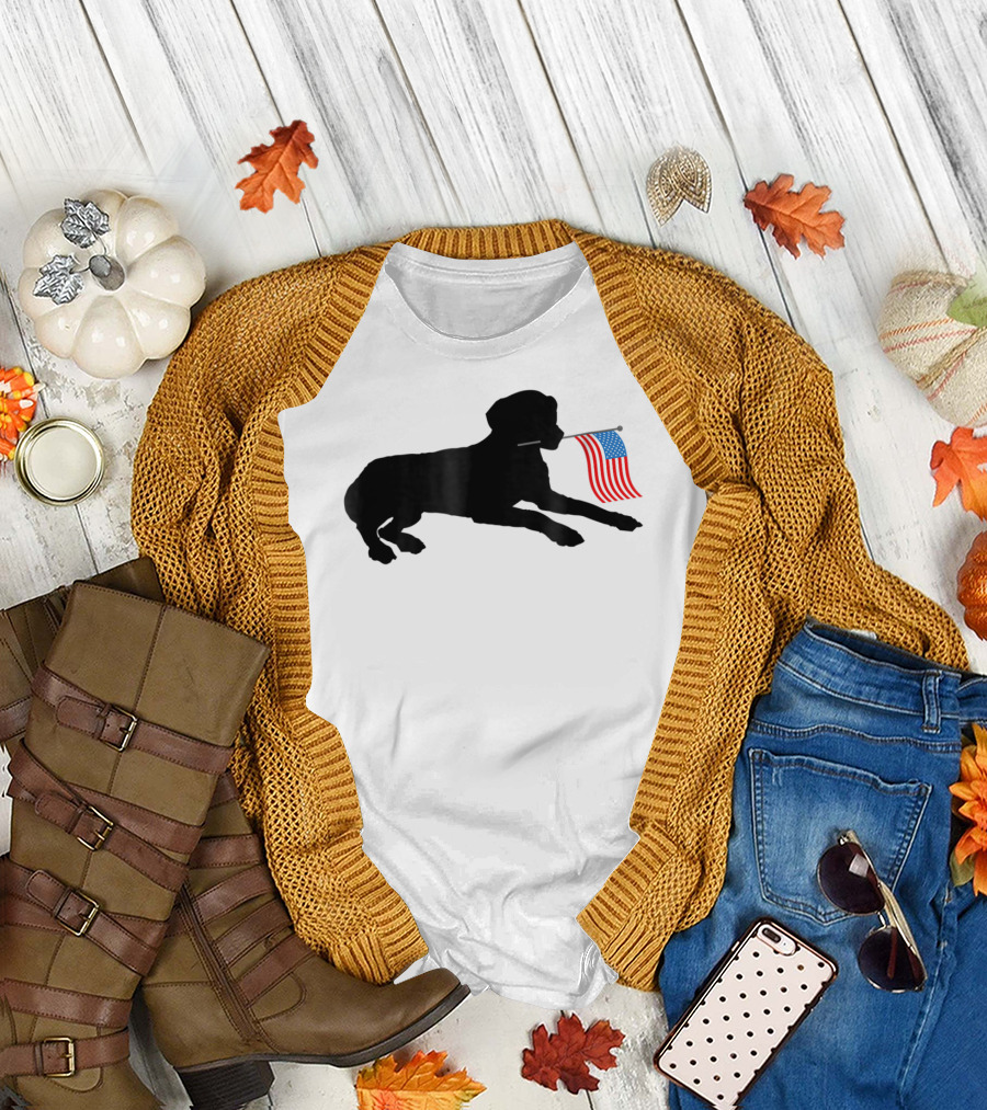 Black Lab Dog with USA Flag for July 4th T-Shirt