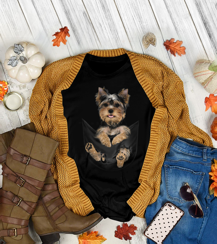 Yorkie Puppy Peeking Out Cute Animals In Pocket T-Shirt