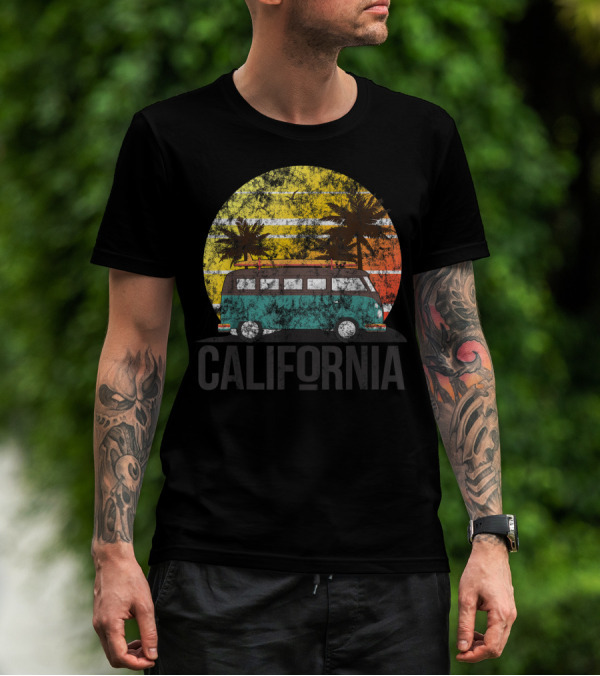 California Vintage Surf Van With Sunset And Palm Trees T-Shirt