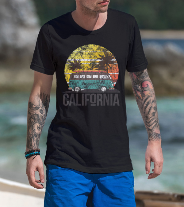 California Vintage Surf Van With Sunset And Palm Trees T-Shirt