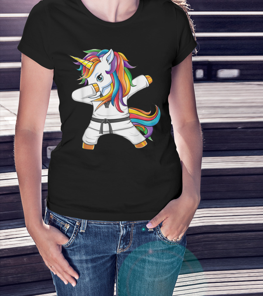 Dabbing Unicorn Karate Taekwondo Kids Girl Rainbow Martial Arts T-Shirt