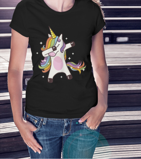 Dabbing Rainbow Unicorn With Stars T-Shirt
