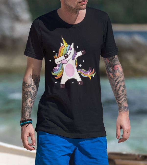 Dabbing Rainbow Unicorn With Stars T-Shirt