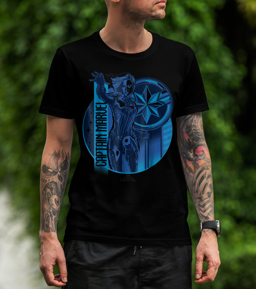 Captain Marvel Reflective Blue Circle Starburst Emblem T-Shirt