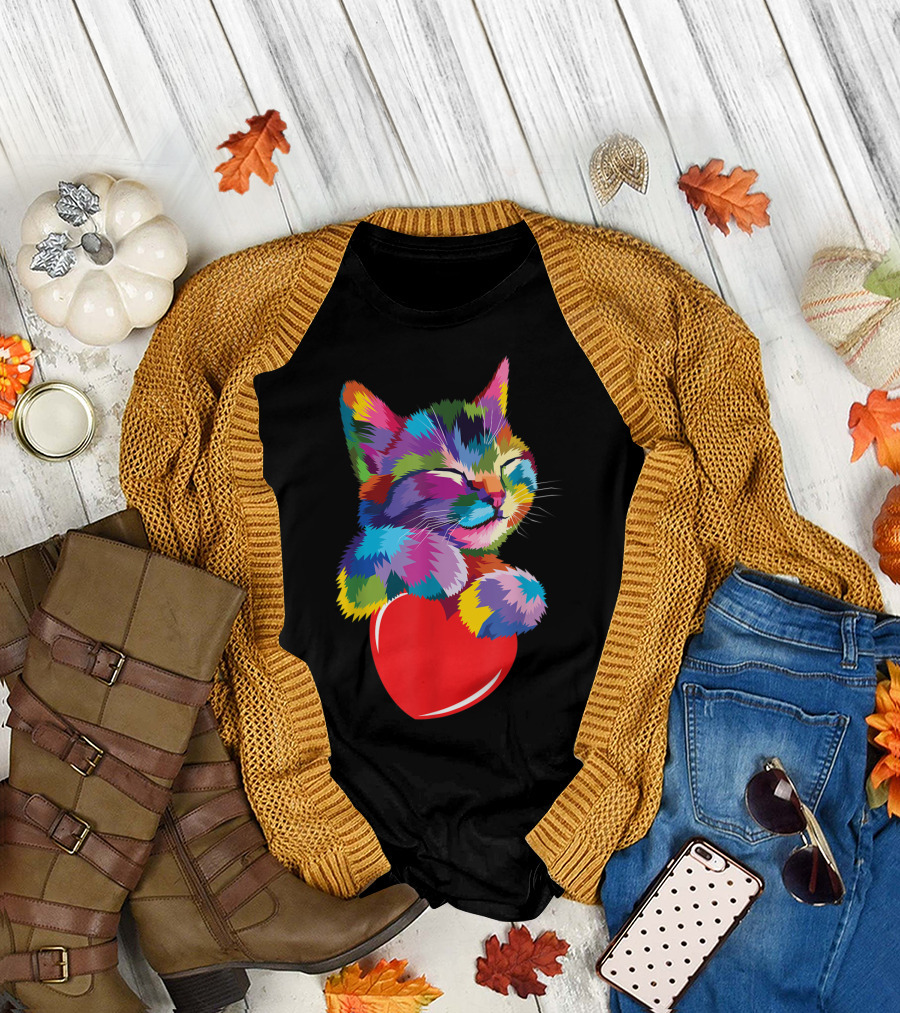 Cat for Kitten Lovers Colorful Cute Kitty Heart T-Shirt