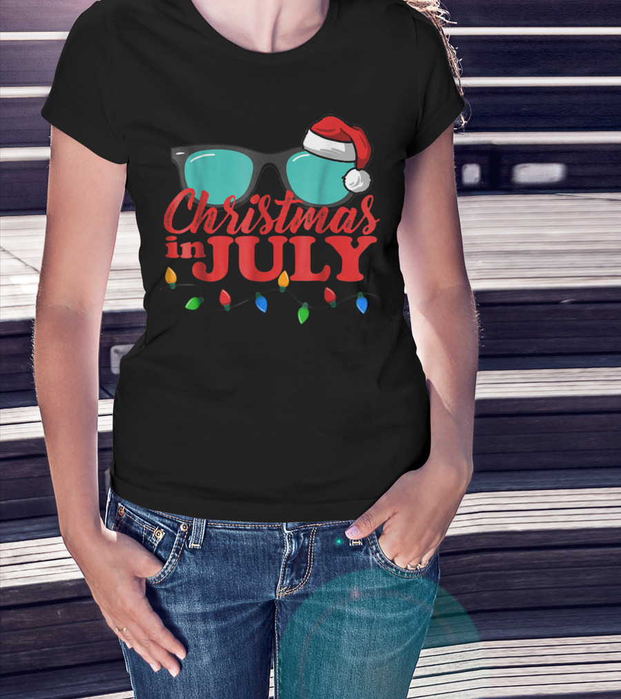 Christmas In July Santa Hat Sunglasses Summer Lights T-Shirt