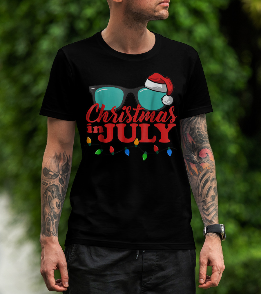 Christmas In July Santa Hat Sunglasses Summer Lights T-Shirt