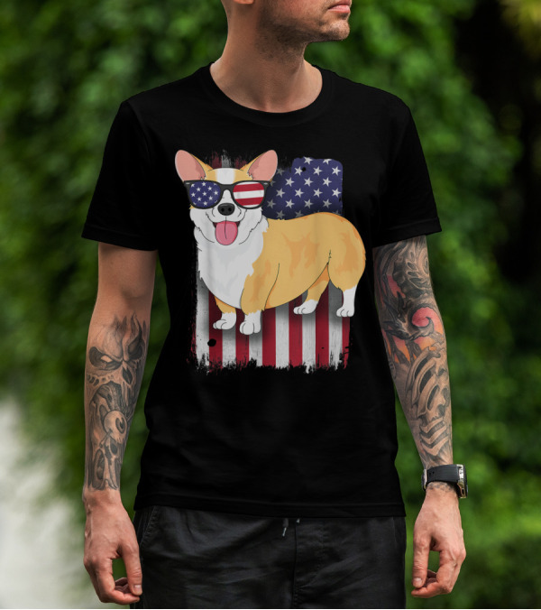 Corgi With Sunglasses American Flag Background T-Shirt