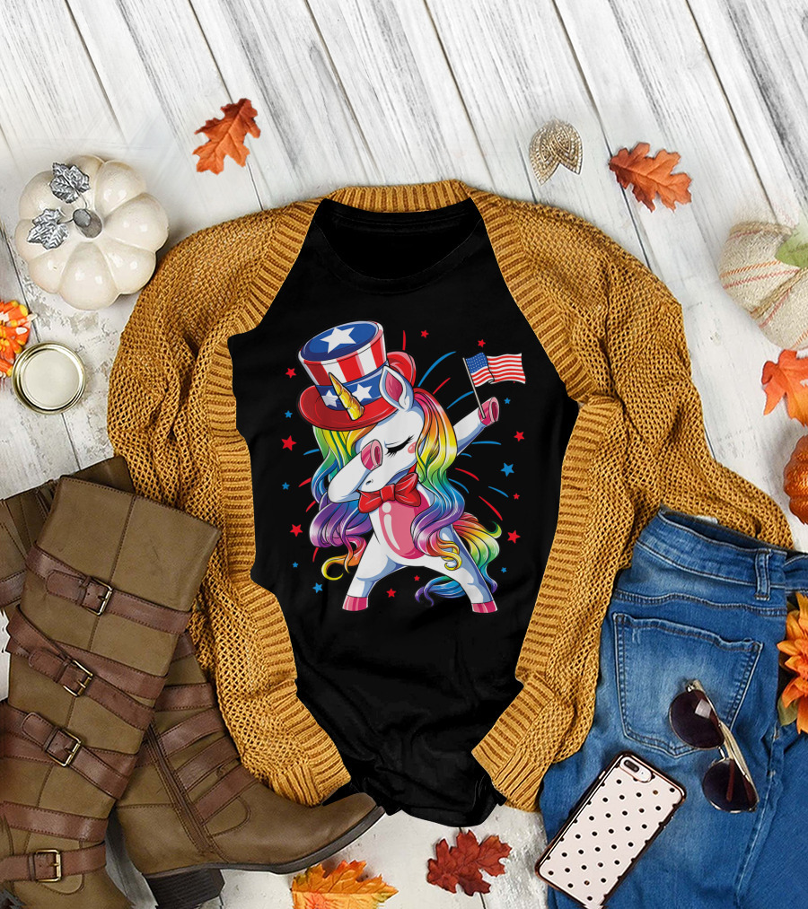 Patriotic Dabbing Unicorn with U.S. Flag and Colorful Star Hat for 4th of July Celebrations T-Shirt