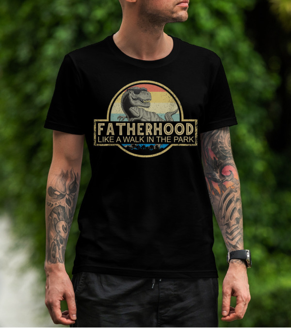 Fatherhood Like A Walk In The Park Dinosaur Retro Sunse T-Shirt