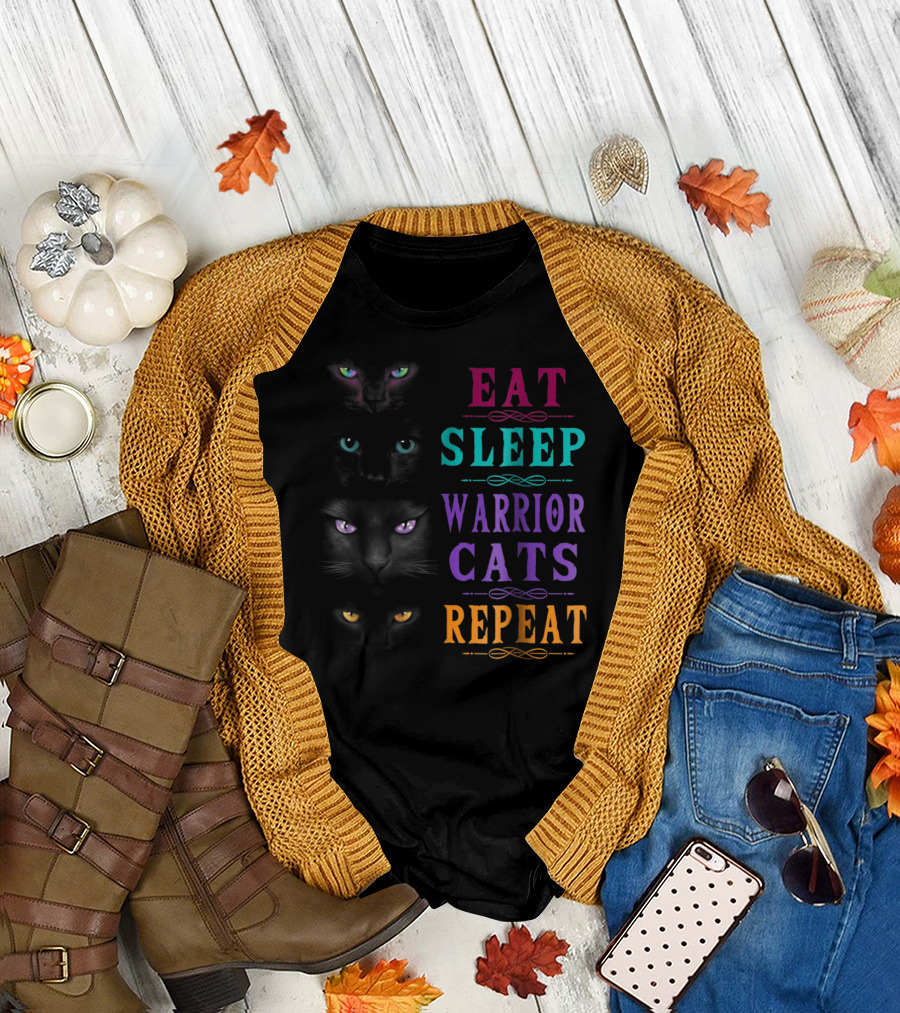 Eat Sleep Warrior Cats Repeat Four Cats Eyes T-Shirt