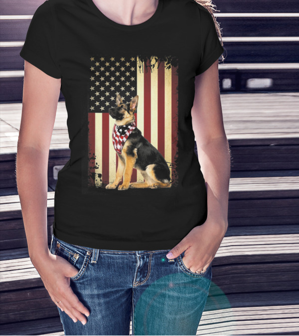 German Shepherd With American Flag Bandana In Front Of Stars And Stripes Flag T-Shirt