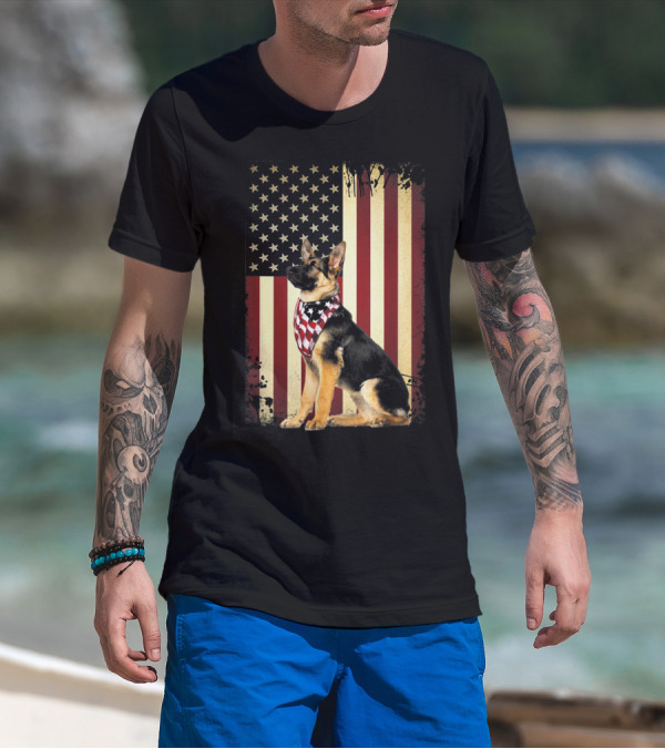 German Shepherd With American Flag Bandana In Front Of Stars And Stripes Flag T-Shirt