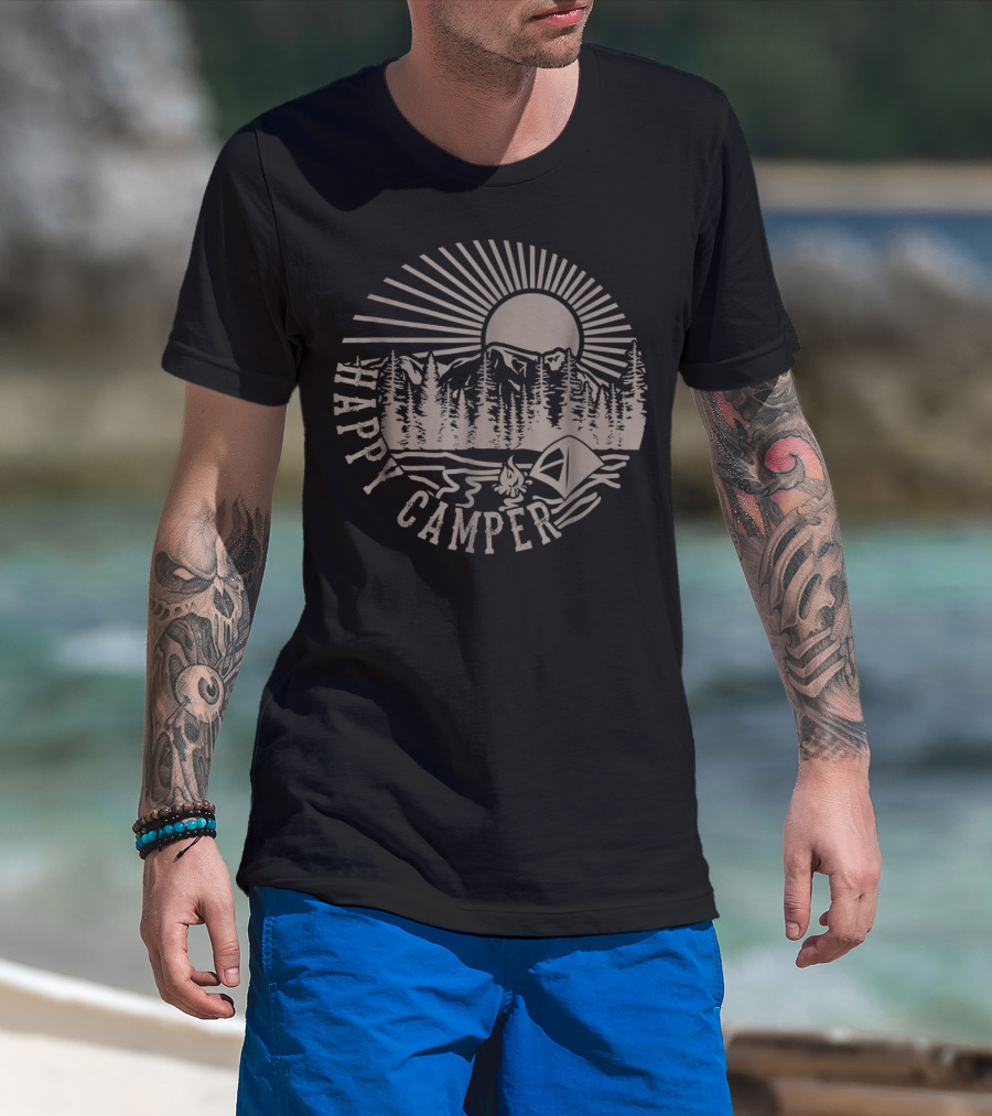 Happy Camper With Tent, Trees, Mountains, And Sunburst T-Shirt