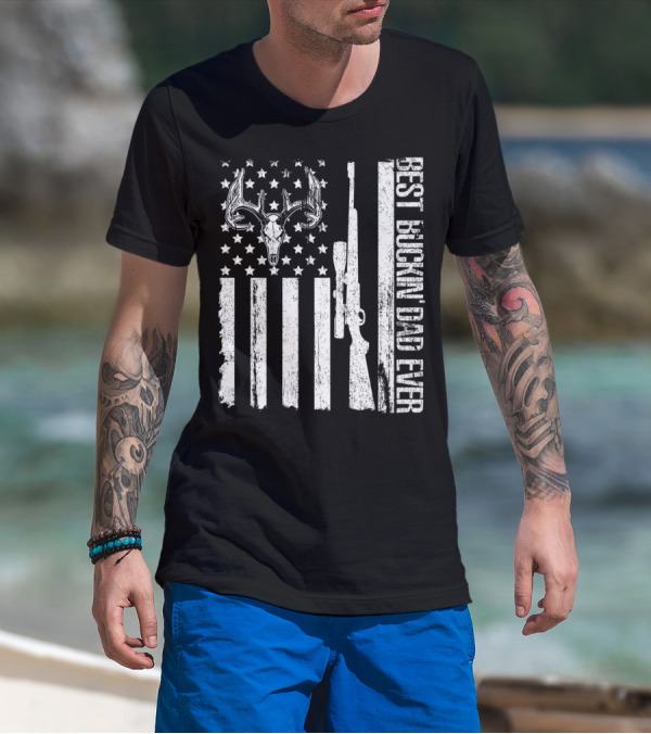 Deer Hunting US Flag Best Buckin Dad Ever Vintage Rifle Buck Antlers T-Shirt