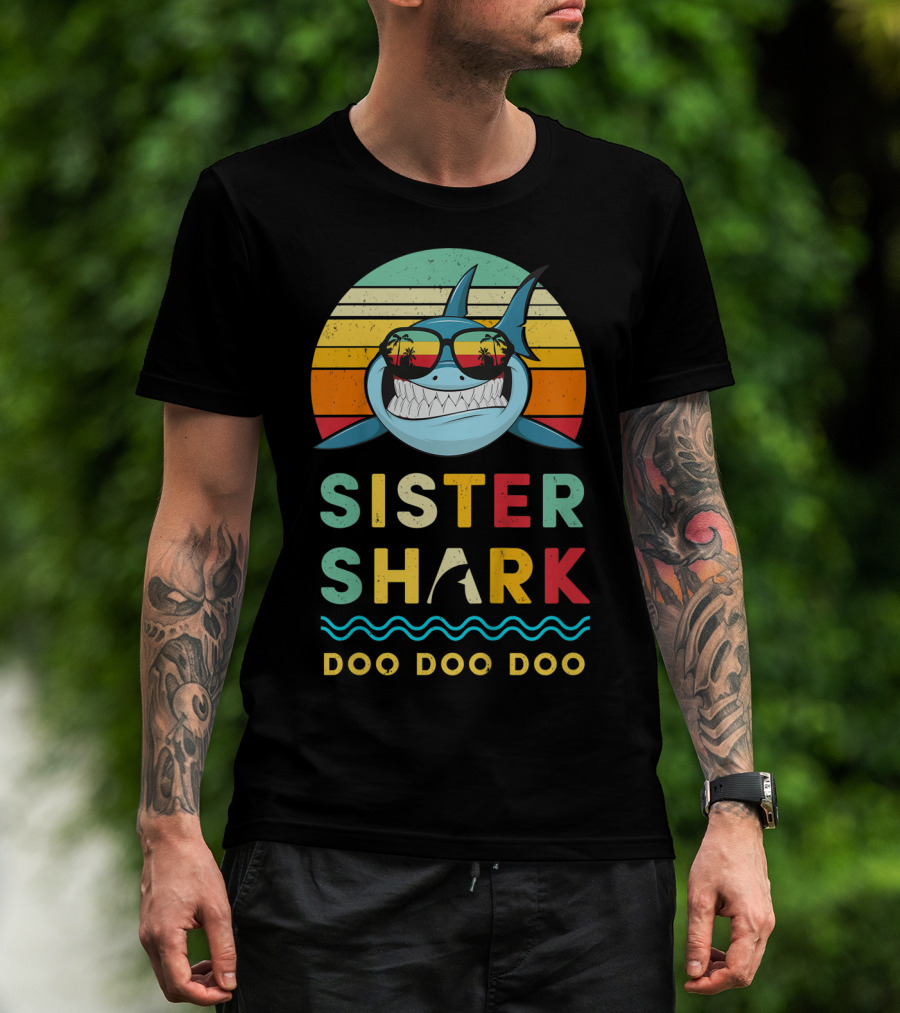 Sister Shark Doo Doo Doo Kids Toddlers Girls Retro Shark Sunglasses T-Shirt