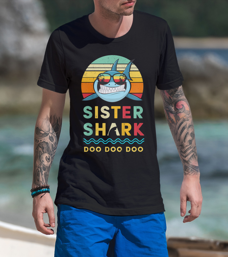 Sister Shark Doo Doo Doo Kids Toddlers Girls Retro Shark Sunglasses T-Shirt