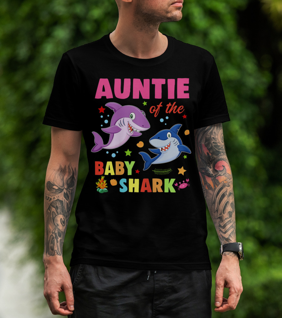 Auntie Of The Baby Shark Birthday Colorful Cartoon Sea Creatures T-Shirt