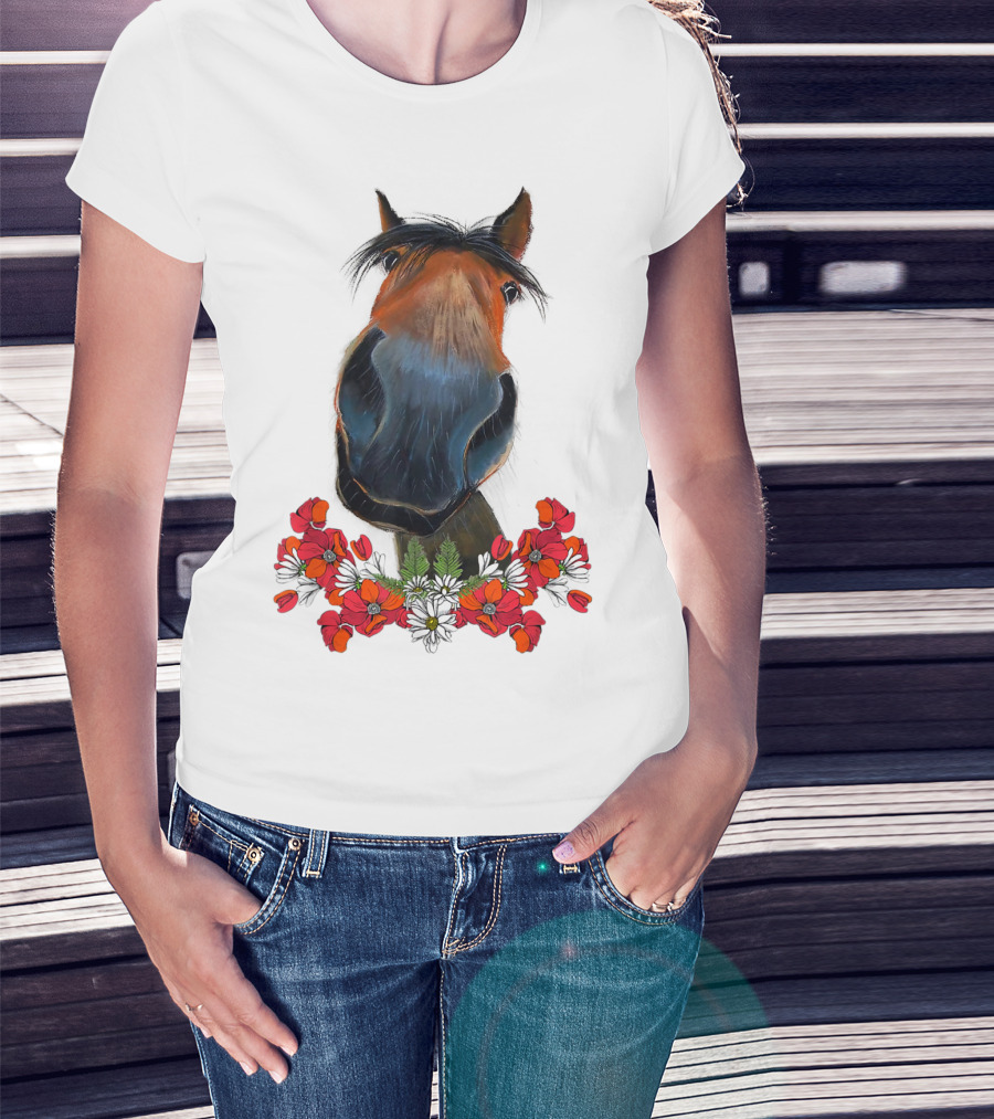 Adorable Horse With Red And White Flowers T-Shirt