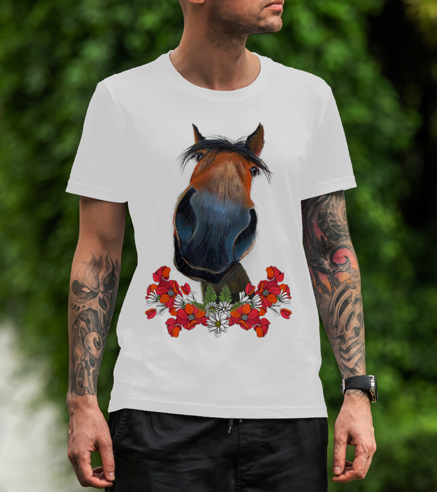 Adorable Horse With Red And White Flowers T-Shirt