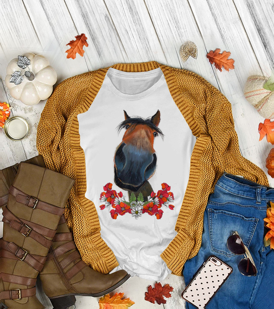 Adorable Horse With Red And White Flowers T-Shirt