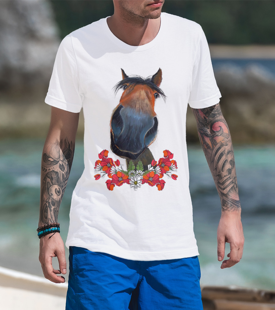 Adorable Horse With Red And White Flowers T-Shirt