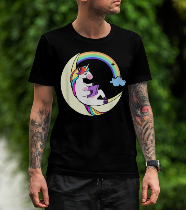 Unicorn Reading Book On Moon With Rainbow And Stars T-Shirt