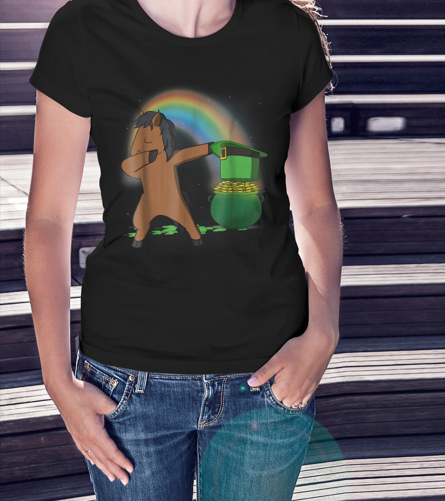 Dabbing Horse Leprechaun With Pot Of Gold And Rainbow T-Shirt