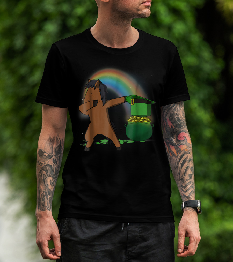 Dabbing Horse Leprechaun With Pot Of Gold And Rainbow T-Shirt