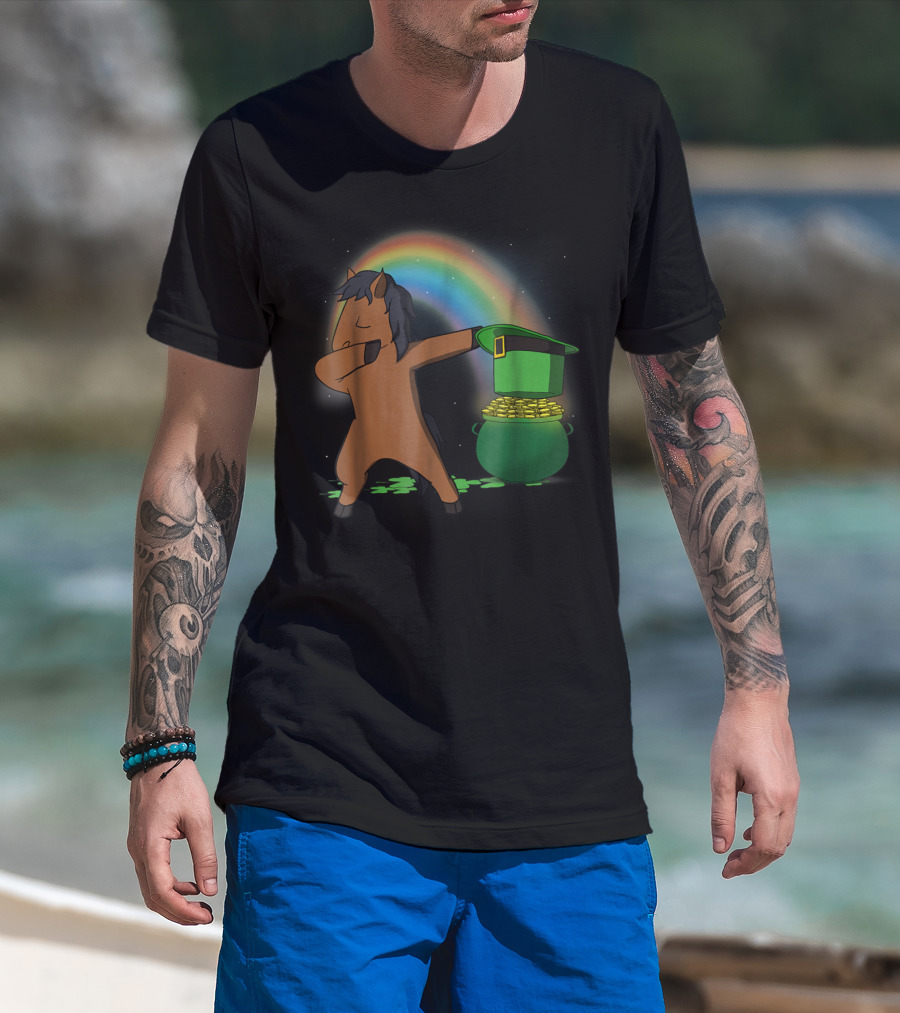 Dabbing Horse Leprechaun With Pot Of Gold And Rainbow T-Shirt