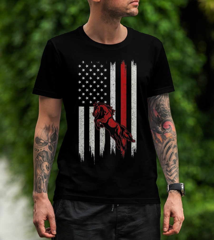 Distressed American Flag With Red Horse T-Shirt